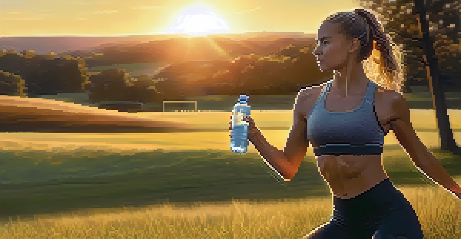 A fit person in athletic wear stretching on a grassy field during sunset, with a water bottle beside them, embodying preparation for a workout.