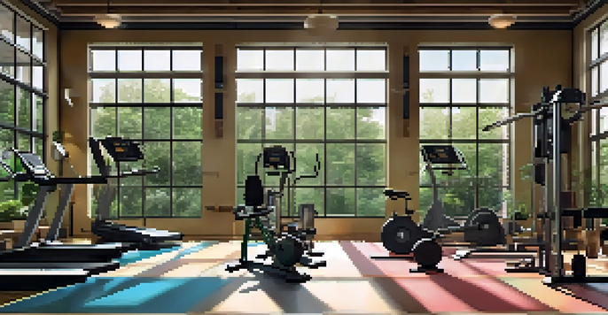A bright and organized gym with training equipment, a chalkboard displaying a periodization training plan, and potted plants.