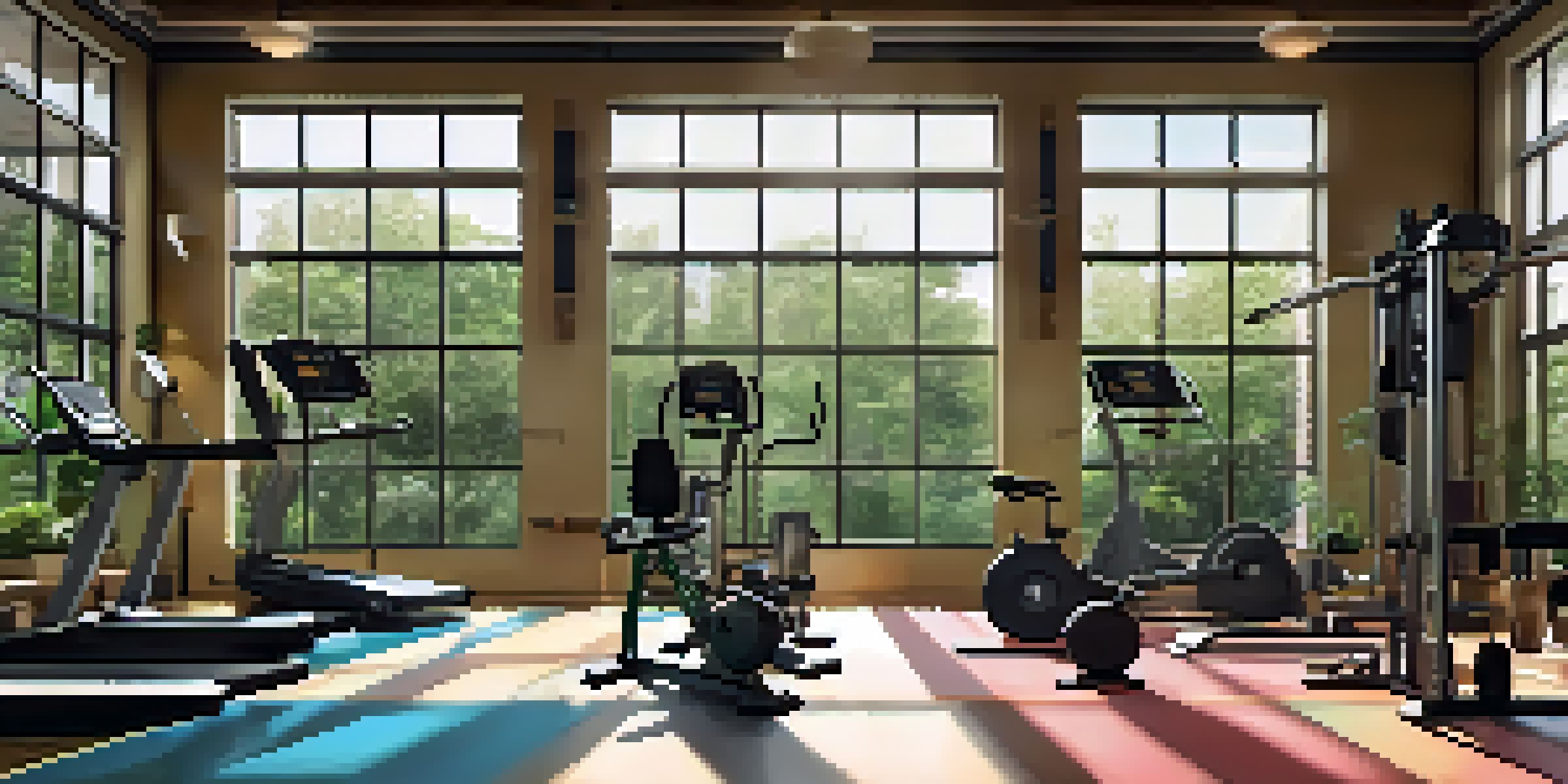 A bright and organized gym with training equipment, a chalkboard displaying a periodization training plan, and potted plants.