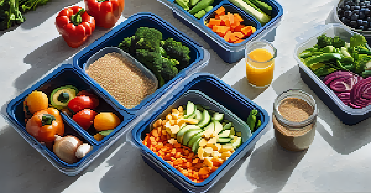 A close-up of healthy meal prep containers filled with vegetables, proteins, and grains, with a notebook for tracking goals.