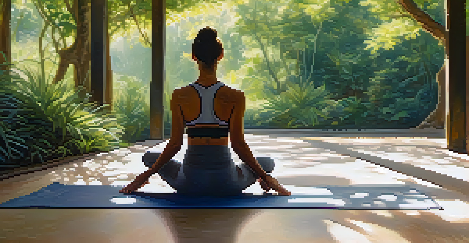 A person seated on a yoga mat outdoors, practicing deep breathing with a peaceful expression.