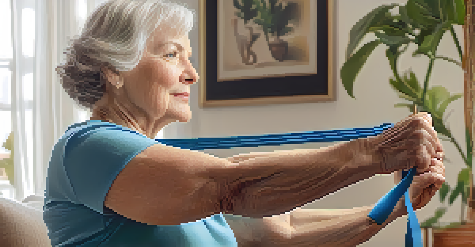 A close-up of a senior woman's hands holding a resistance band while exercising in a cozy living room.