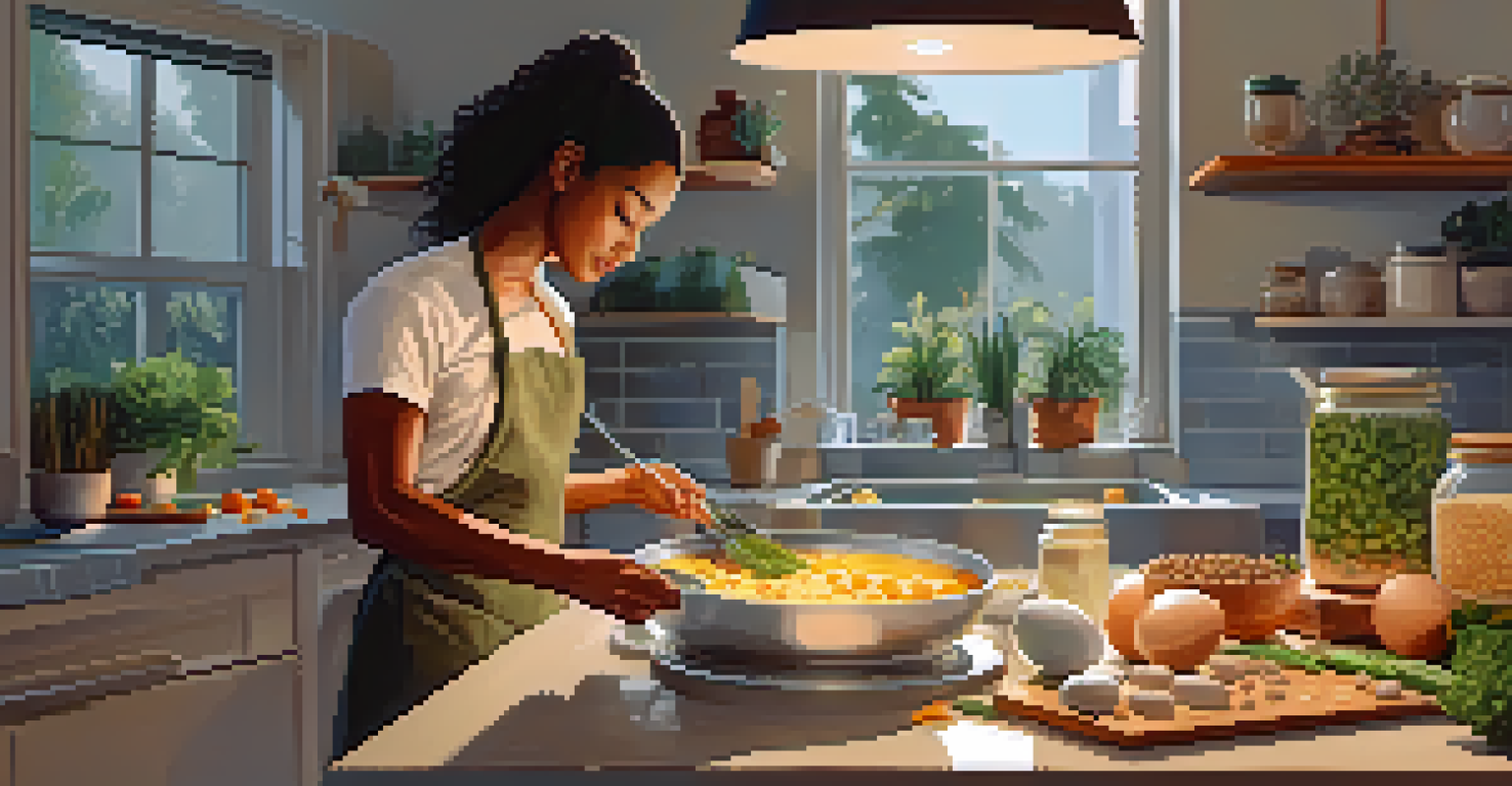 A person preparing a meal in a modern kitchen, featuring eggs, fish, and lentils on the counter, with warm lighting for a cozy feel.