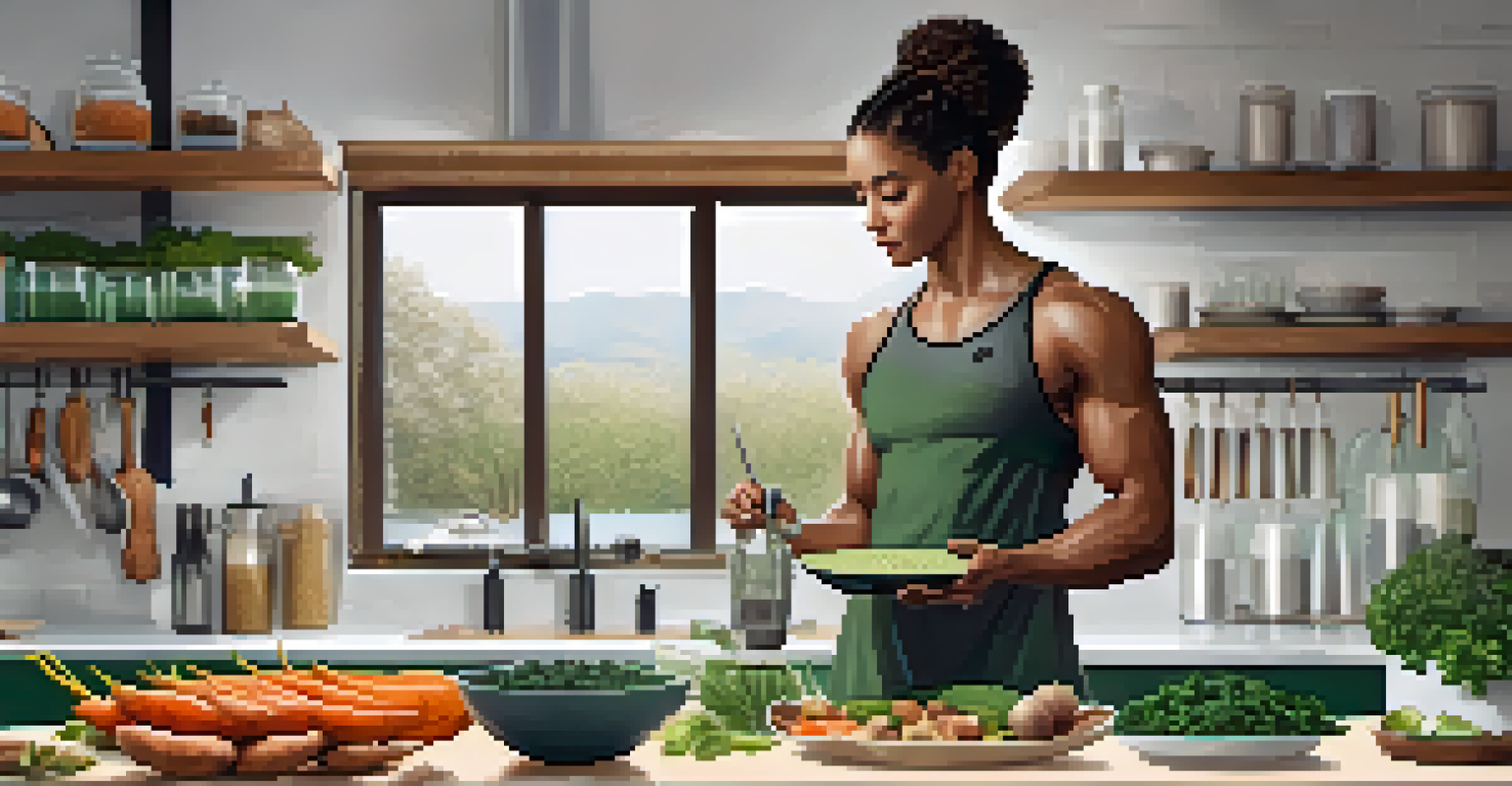 A bodybuilder preparing a healthy post-workout meal with quinoa and a green smoothie in a modern kitchen.