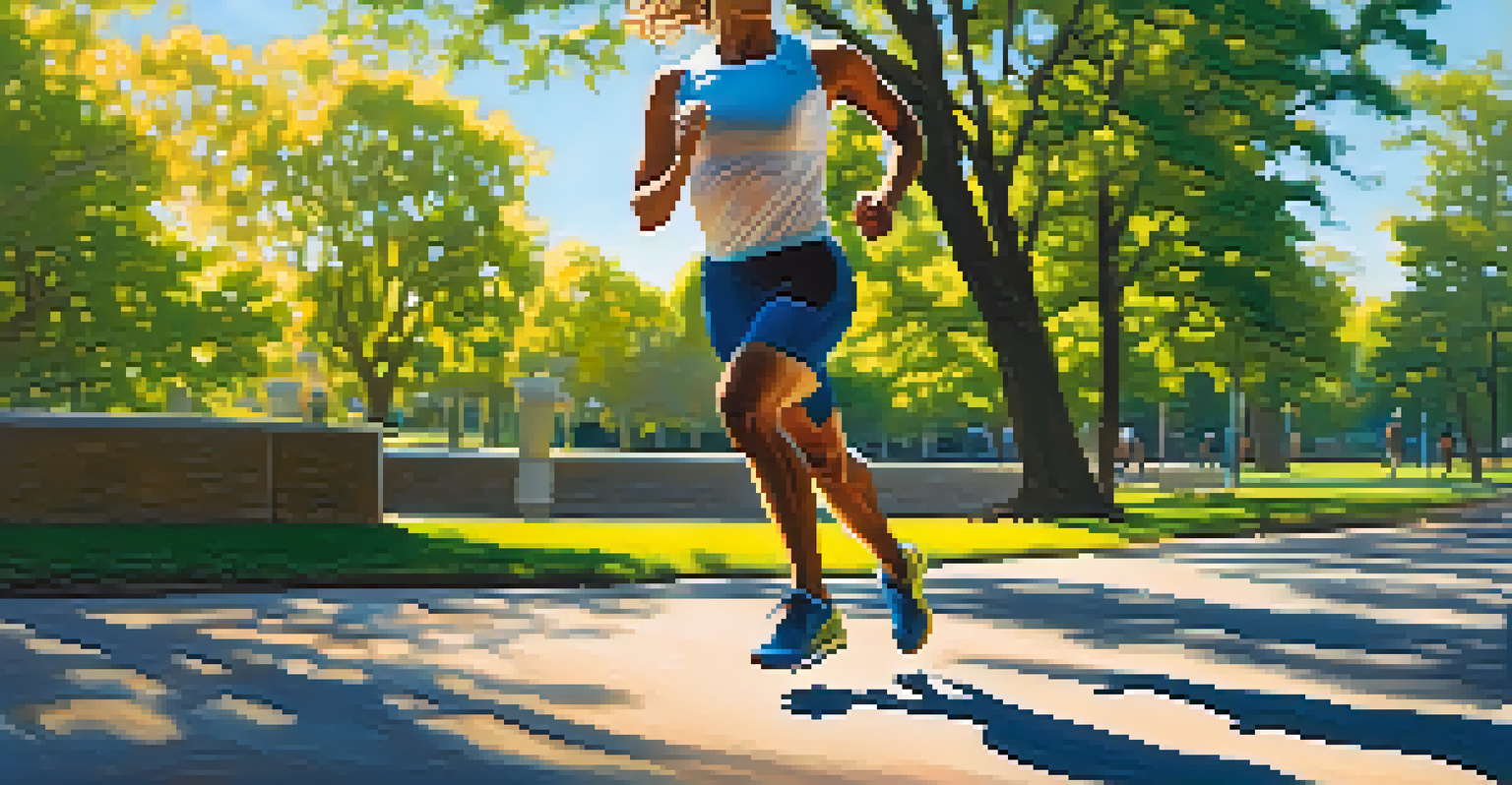 A person sprinting in a park during high-intensity interval training with trees and blue sky in the background.