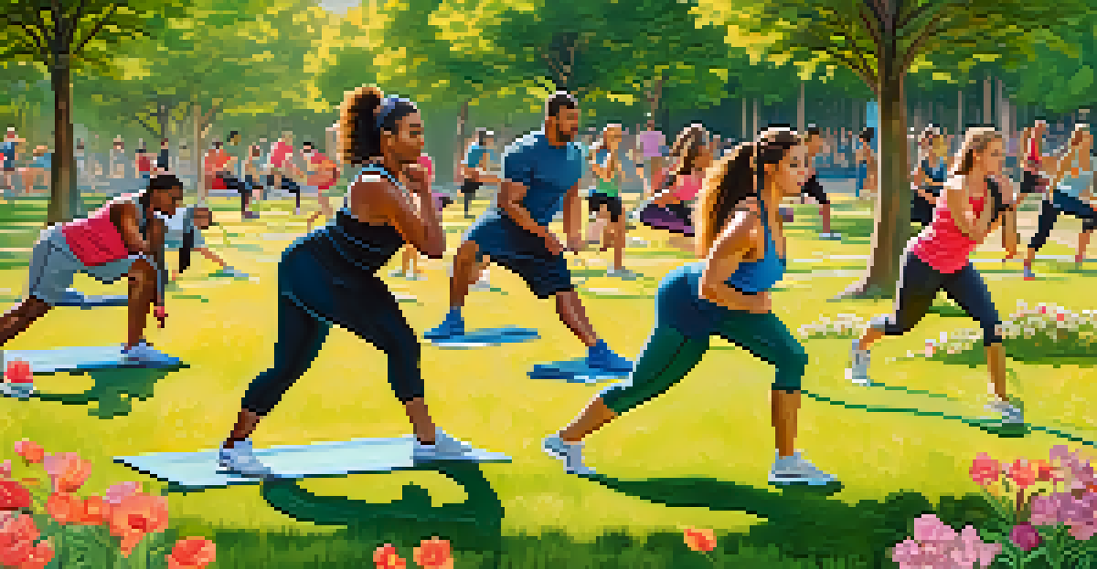A diverse group of people engaged in circuit training outdoors in a park, performing exercises like squats and push-ups on a sunny day, surrounded by greenery.