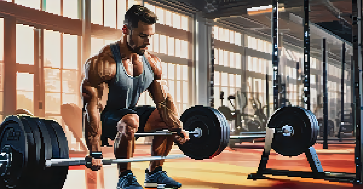 A person doing deadlifts in a gym while wearing a fitness band that displays performance data.