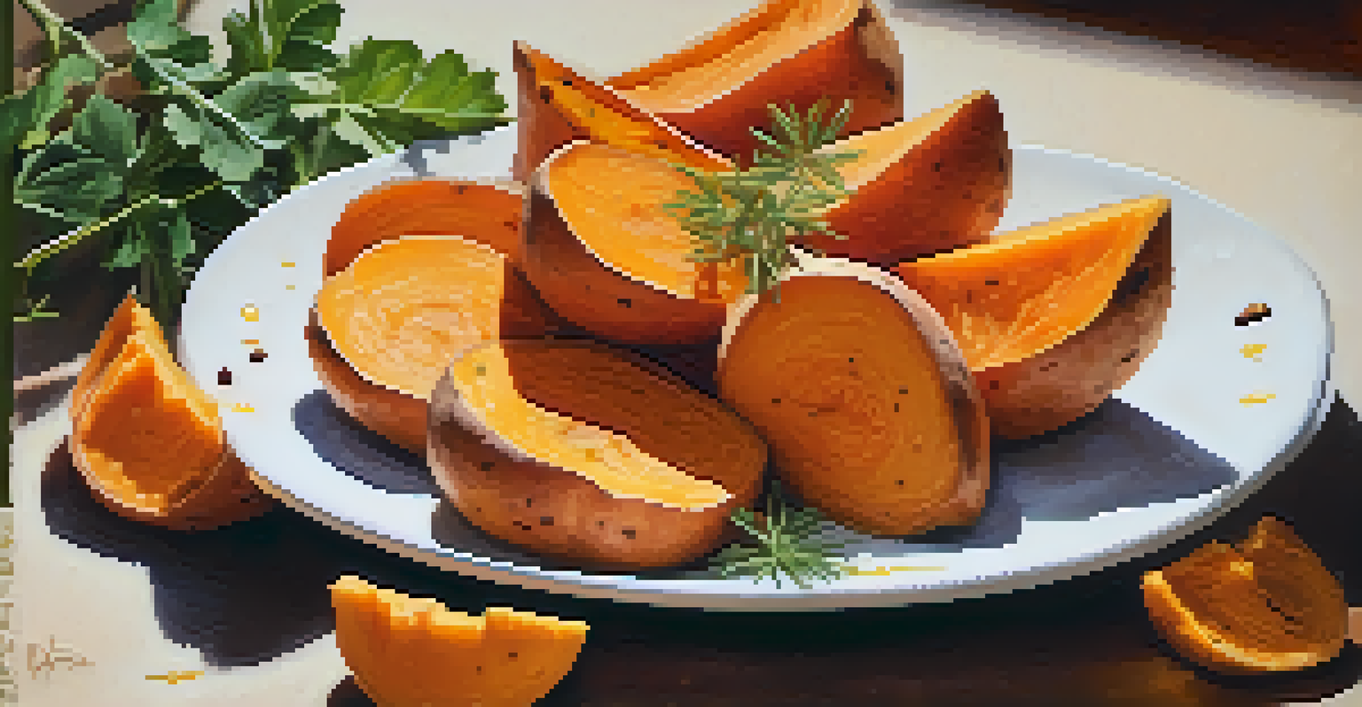 A close-up of sliced sweet potatoes on a white plate, drizzled with olive oil and herbs, with a blurred background.