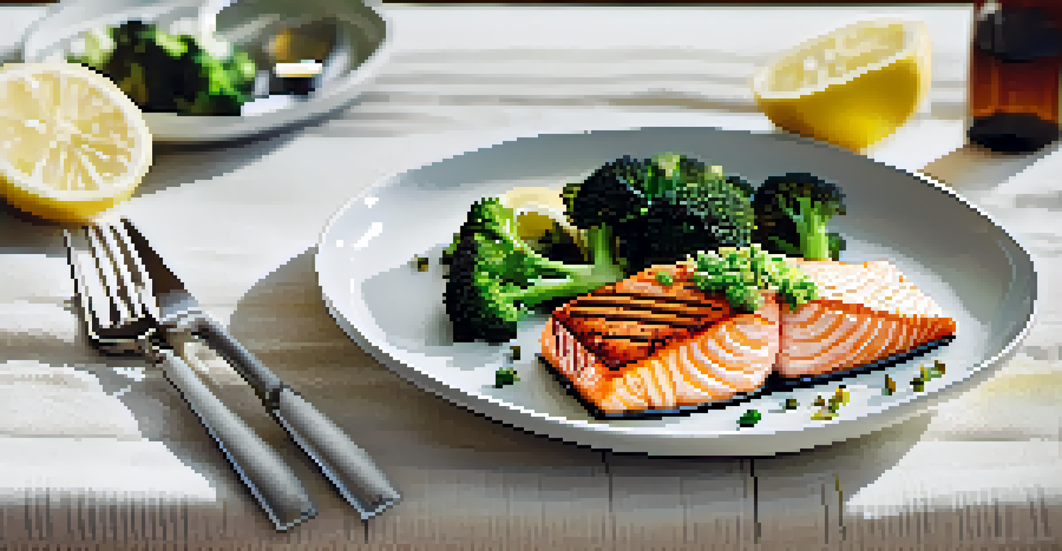 A close-up of a high-protein meal featuring grilled salmon, quinoa, and broccoli on a white plate, with soft natural lighting.