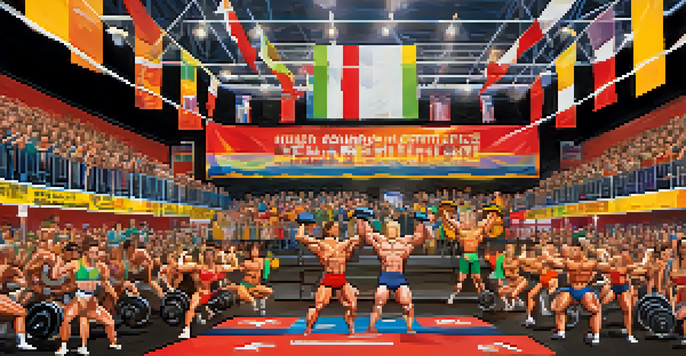 Bodybuilders competing in a lively gym fundraiser event, with spectators cheering and colorful charity banners.