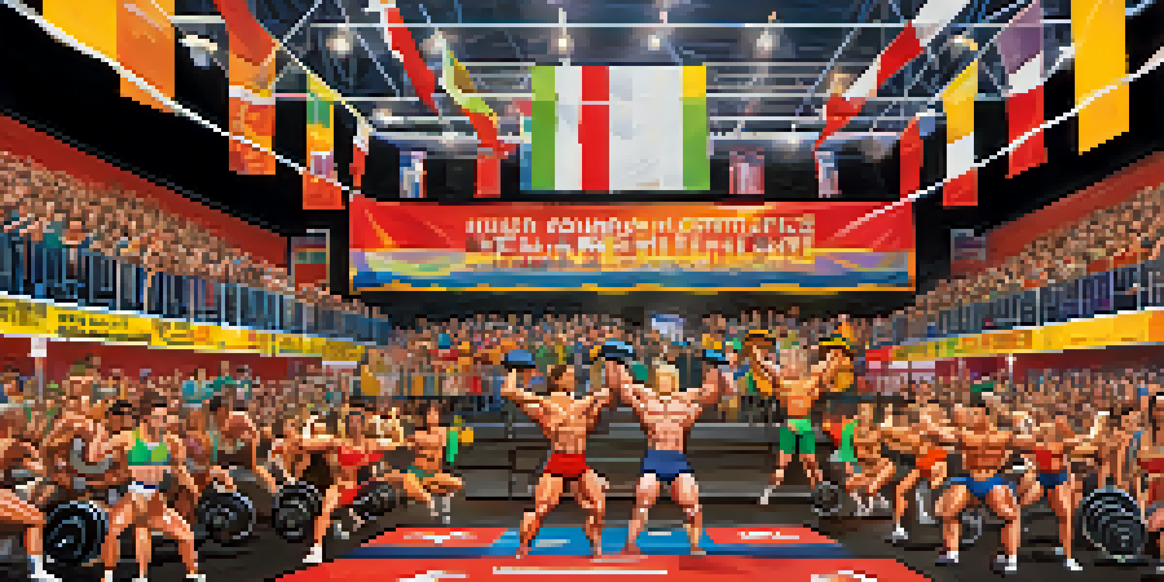 Bodybuilders competing in a lively gym fundraiser event, with spectators cheering and colorful charity banners.
