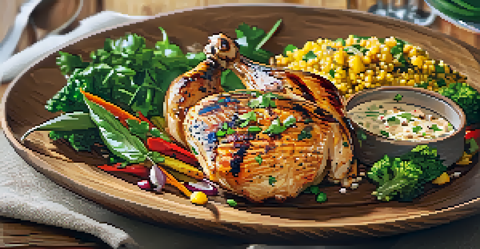 A close-up of a healthy meal with grilled chicken, quinoa, and colorful vegetables on a wooden table.