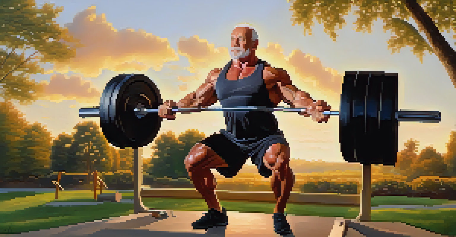An elderly bodybuilder lifting weights in a park during sunset, surrounded by greenery, illustrating strength and vitality.