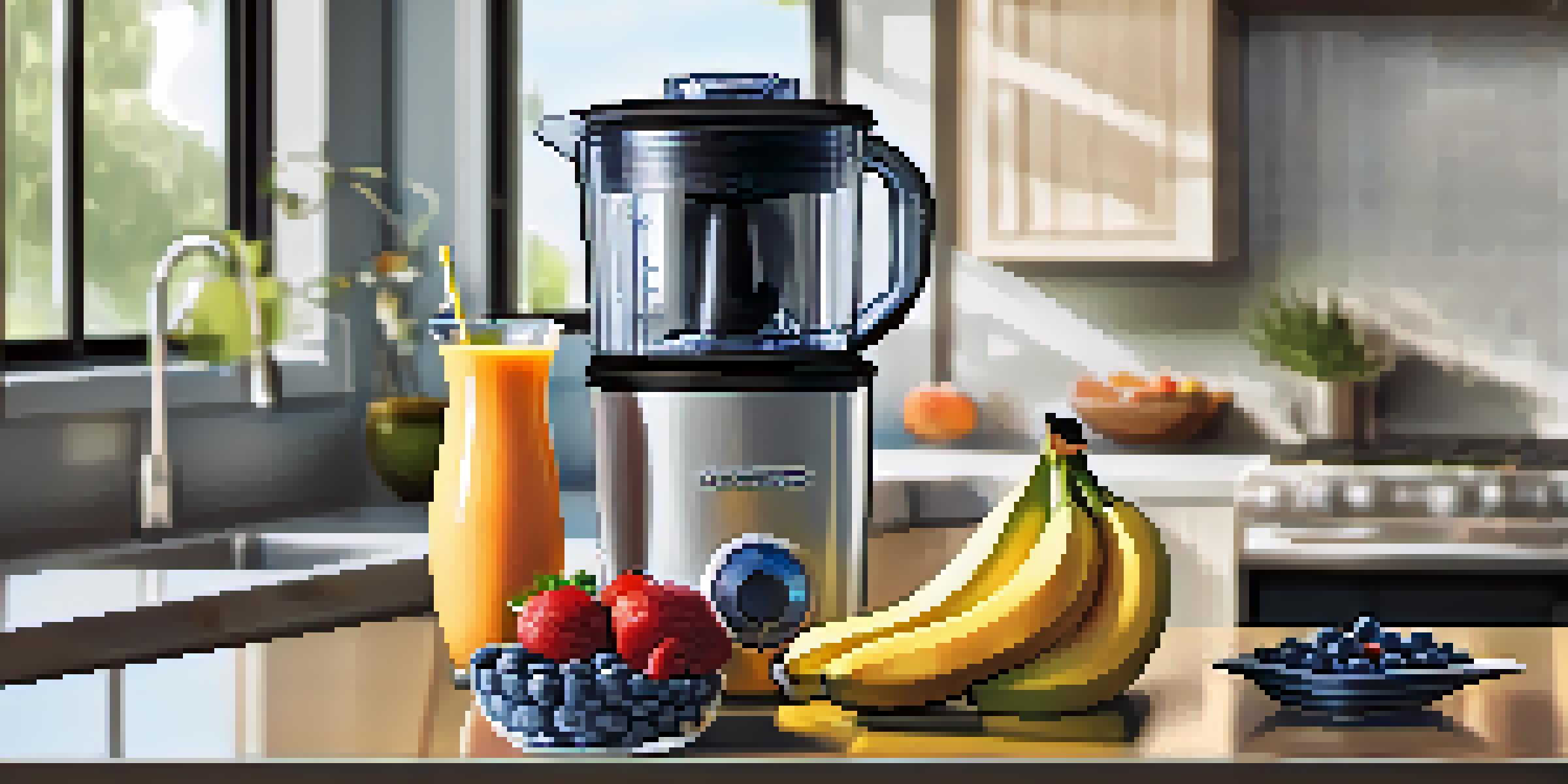 A bright kitchen with a blender, fresh fruits, and a smoothie on the countertop.