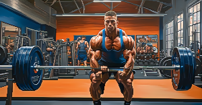 A dedicated bodybuilder lifting weights in a well-lit gym, surrounded by motivational posters and gym equipment.