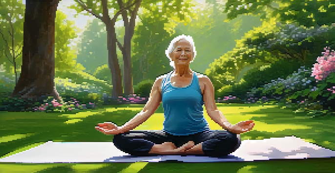 An older adult practicing yoga in a peaceful park setting, surrounded by greenery and flowers, demonstrating flexibility and calmness.