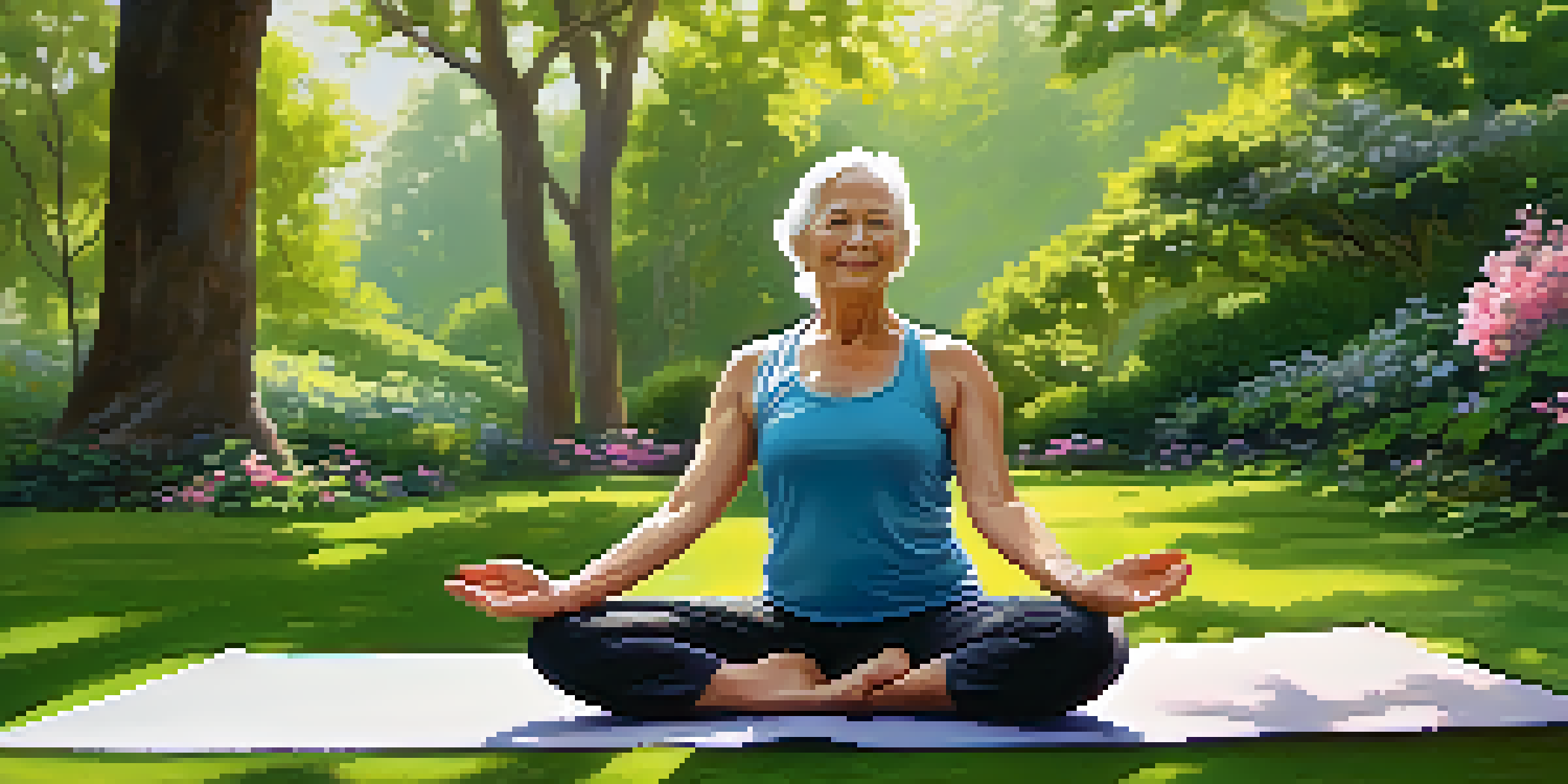 An older adult practicing yoga in a peaceful park setting, surrounded by greenery and flowers, demonstrating flexibility and calmness.