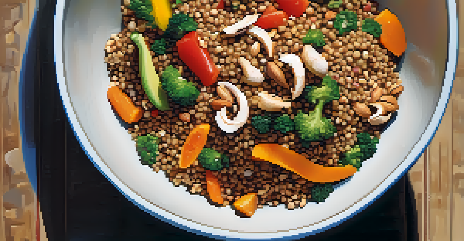 A close-up of a bowl with quinoa, grilled chicken, mixed vegetables, and nuts, showcasing a healthy meal.