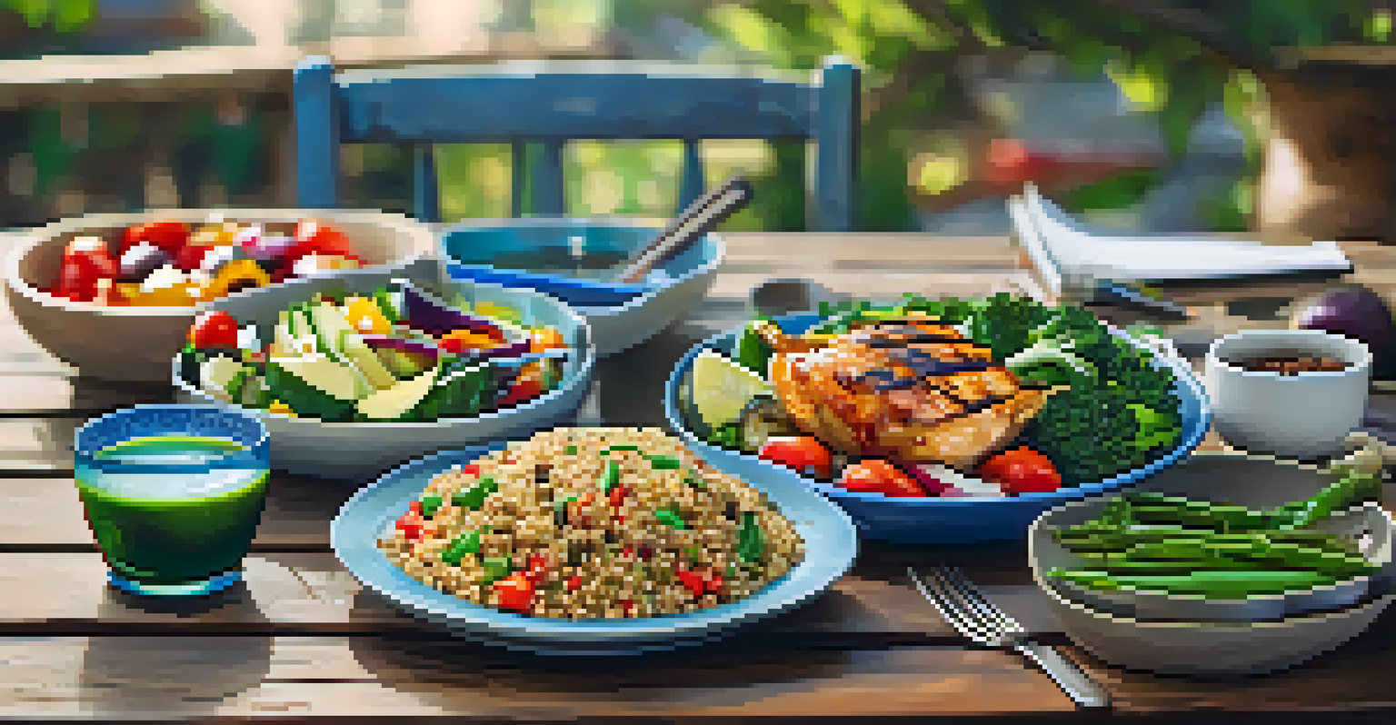 A healthy meal with grilled chicken, quinoa, and vegetables on a rustic table with a glass of water and a notebook.