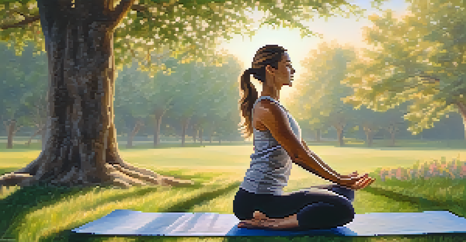 A bodybuilder practicing yoga in a serene outdoor environment, surrounded by nature during sunset.