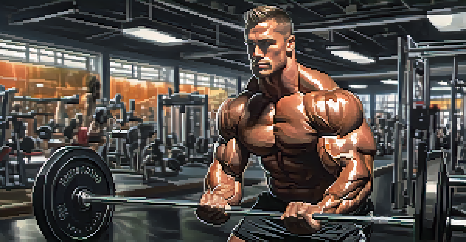 A bodybuilder lifting weights in a gym, with a water bottle nearby and bright lighting enhancing the atmosphere.