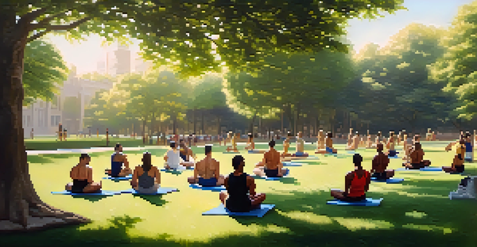 A diverse group of bodybuilders practicing mindfulness outdoors in a sunny park, engaged in focused breathing exercises among lush greenery.