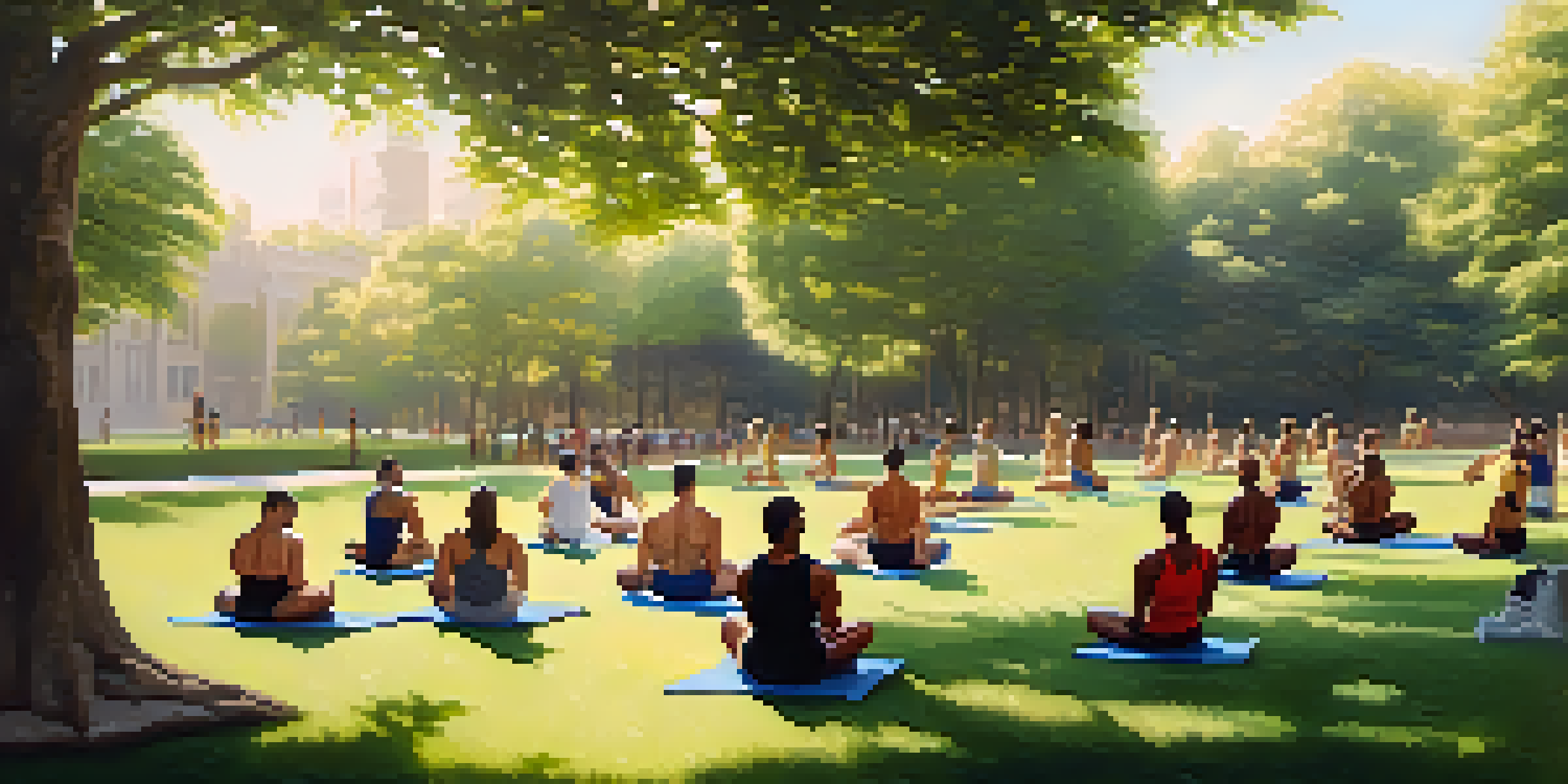 A diverse group of bodybuilders practicing mindfulness outdoors in a sunny park, engaged in focused breathing exercises among lush greenery.