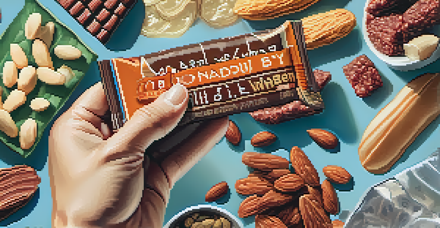 A close-up of a hand holding a protein bar, with beef jerky and almonds on a travel surface, illuminated with warm lighting.