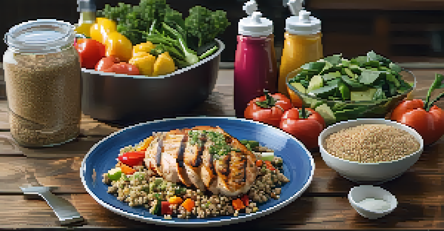 A nutritious meal prep for bodybuilding, highlighting grilled chicken, quinoa, and vegetables.