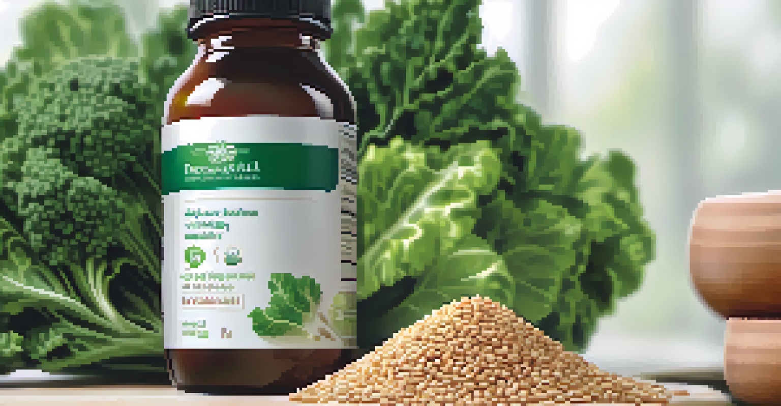 A hand holding a supplement bottle with green vegetables and whole grains in the background.