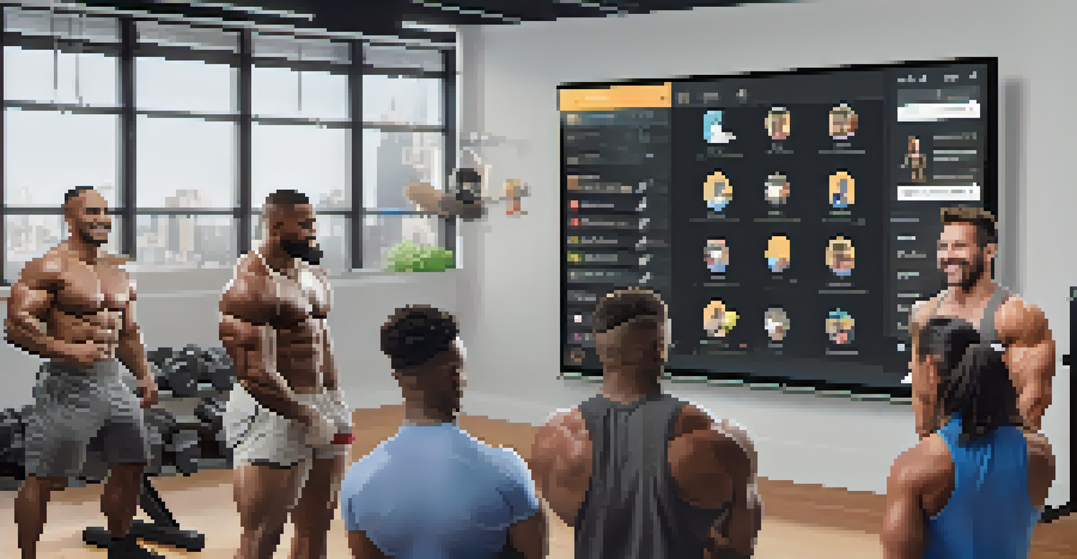 A diverse group of bodybuilders in an online video chat, sharing workout routines and encouraging each other with fitness charts visible on the screen.