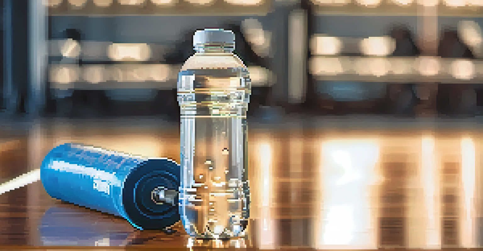 A close-up of a water bottle with droplets on it placed on a gym bench, symbolizing hydration.