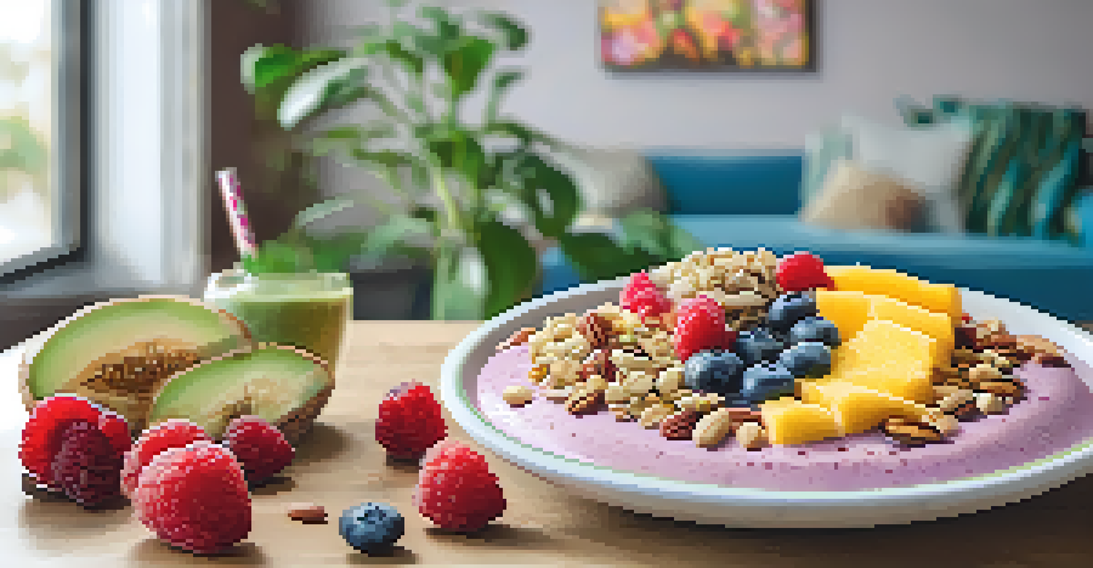 A delicious post-workout meal with a smoothie bowl and a whole-grain sandwich, set on a cozy dining table.