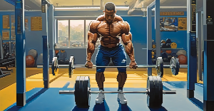 A bodybuilder lifting weights in a gym, emphasizing their strong physique and the gym environment.