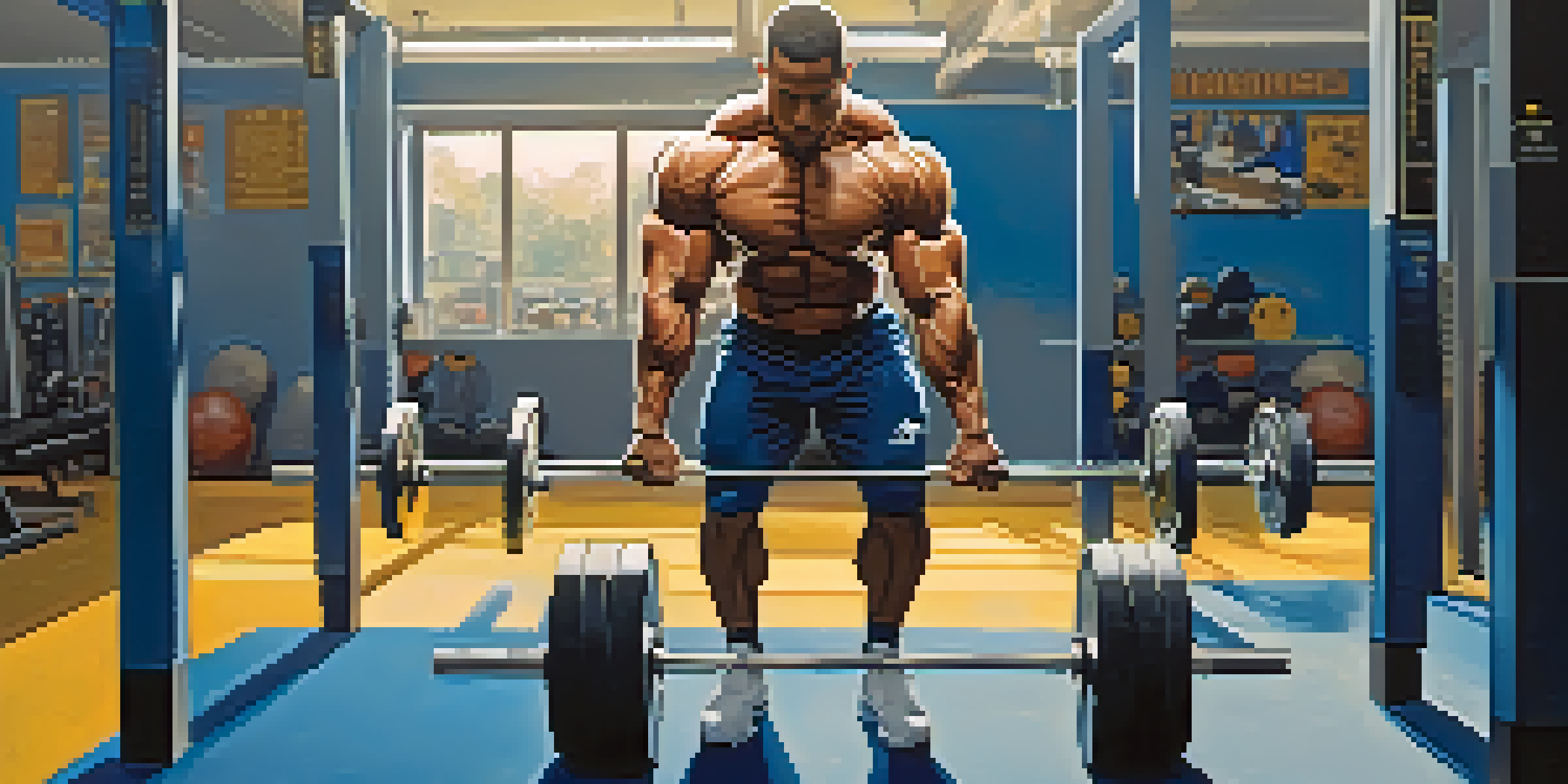 A bodybuilder lifting weights in a gym, emphasizing their strong physique and the gym environment.