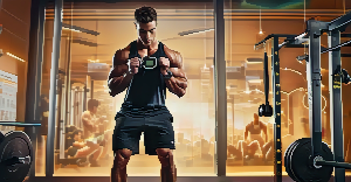 A determined fitness enthusiast lifting weights in a well-equipped gym, wearing a smartwatch that shows workout data.