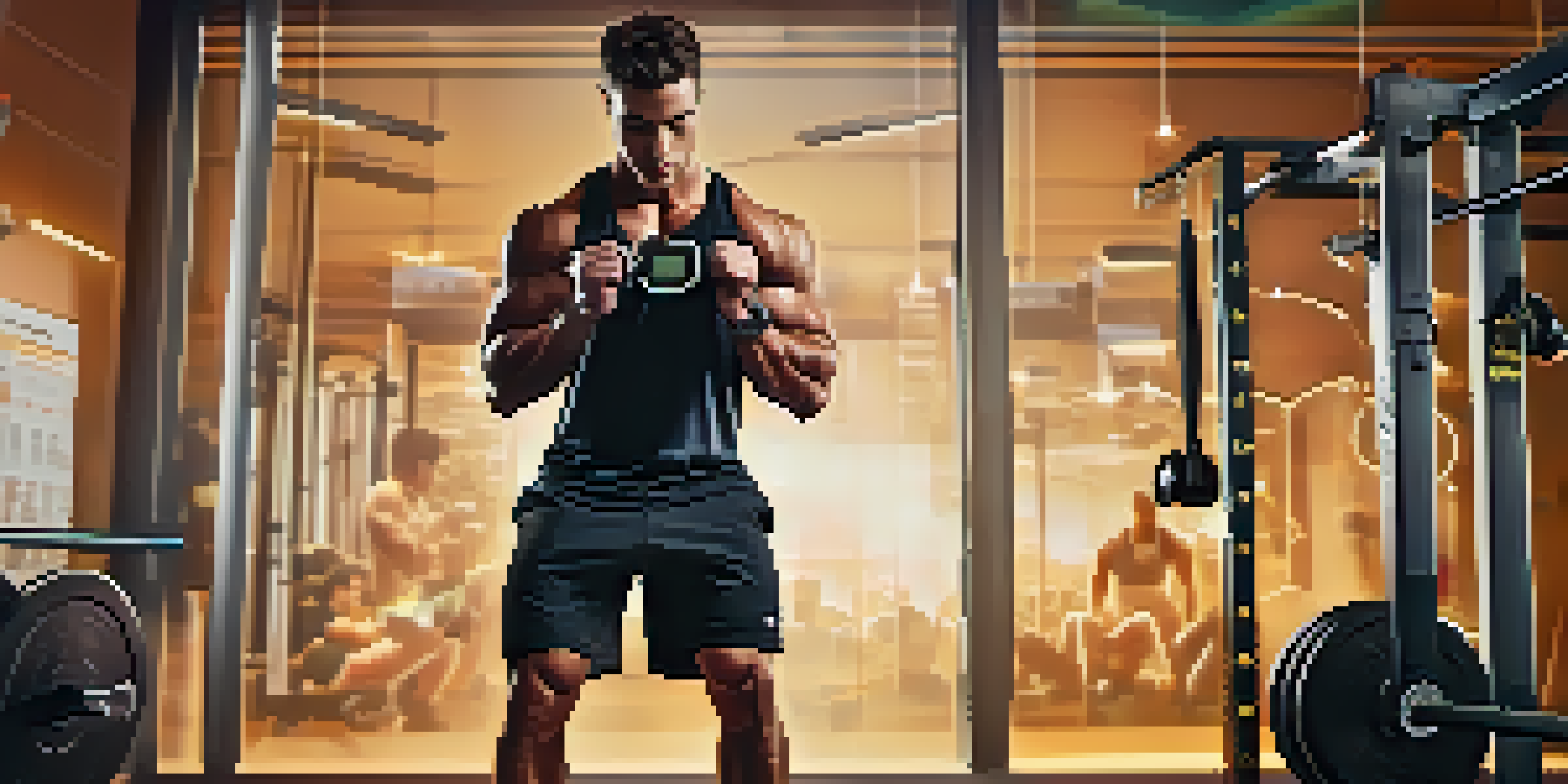 A determined fitness enthusiast lifting weights in a well-equipped gym, wearing a smartwatch that shows workout data.