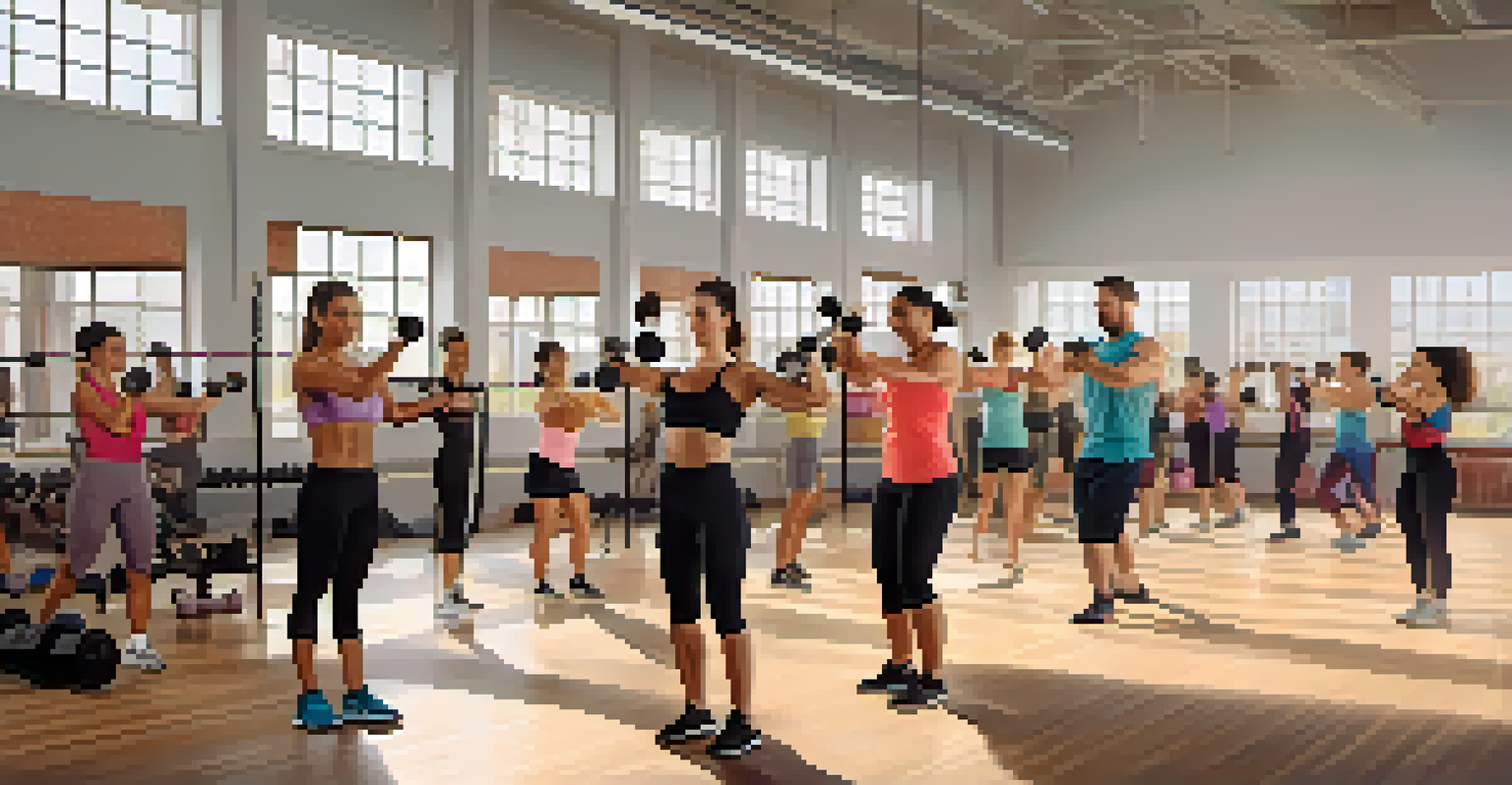A modern fitness class inspired by the Sandow Method, featuring diverse individuals training with dumbbells and resistance bands in a bright gym.