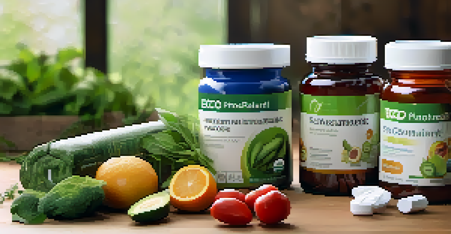 Eco-friendly supplements in biodegradable packaging, displayed with fresh produce on a wooden table.