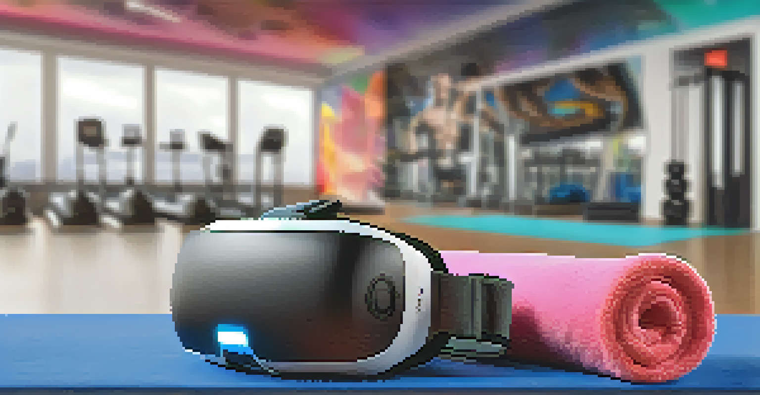A close-up of a VR headset on a gym bench next to dumbbells and a towel, with a blurred gym background.