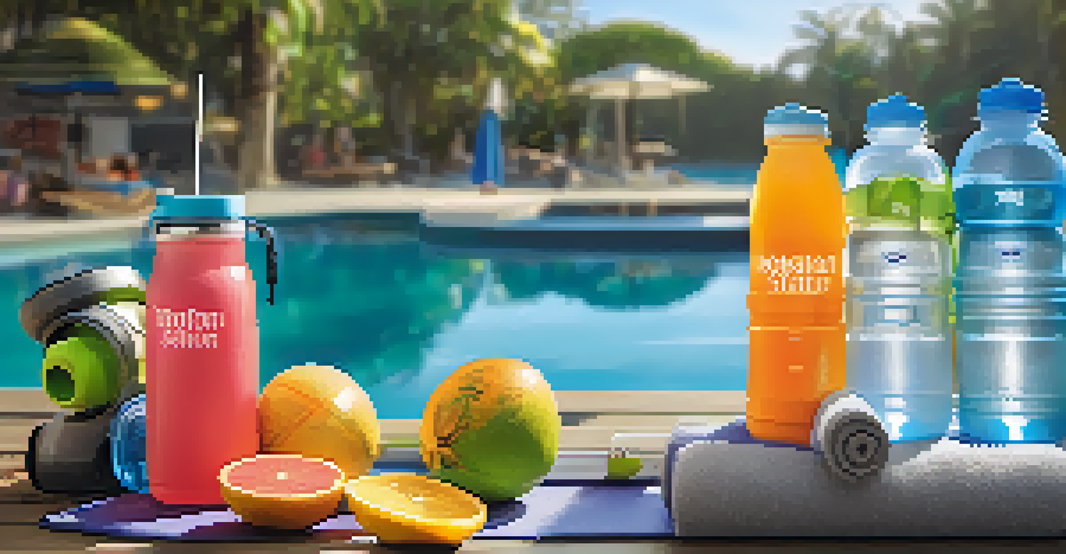 A hydration station featuring colorful drinks, coconut water, and water bottles, set outdoors with fitness equipment in the background.