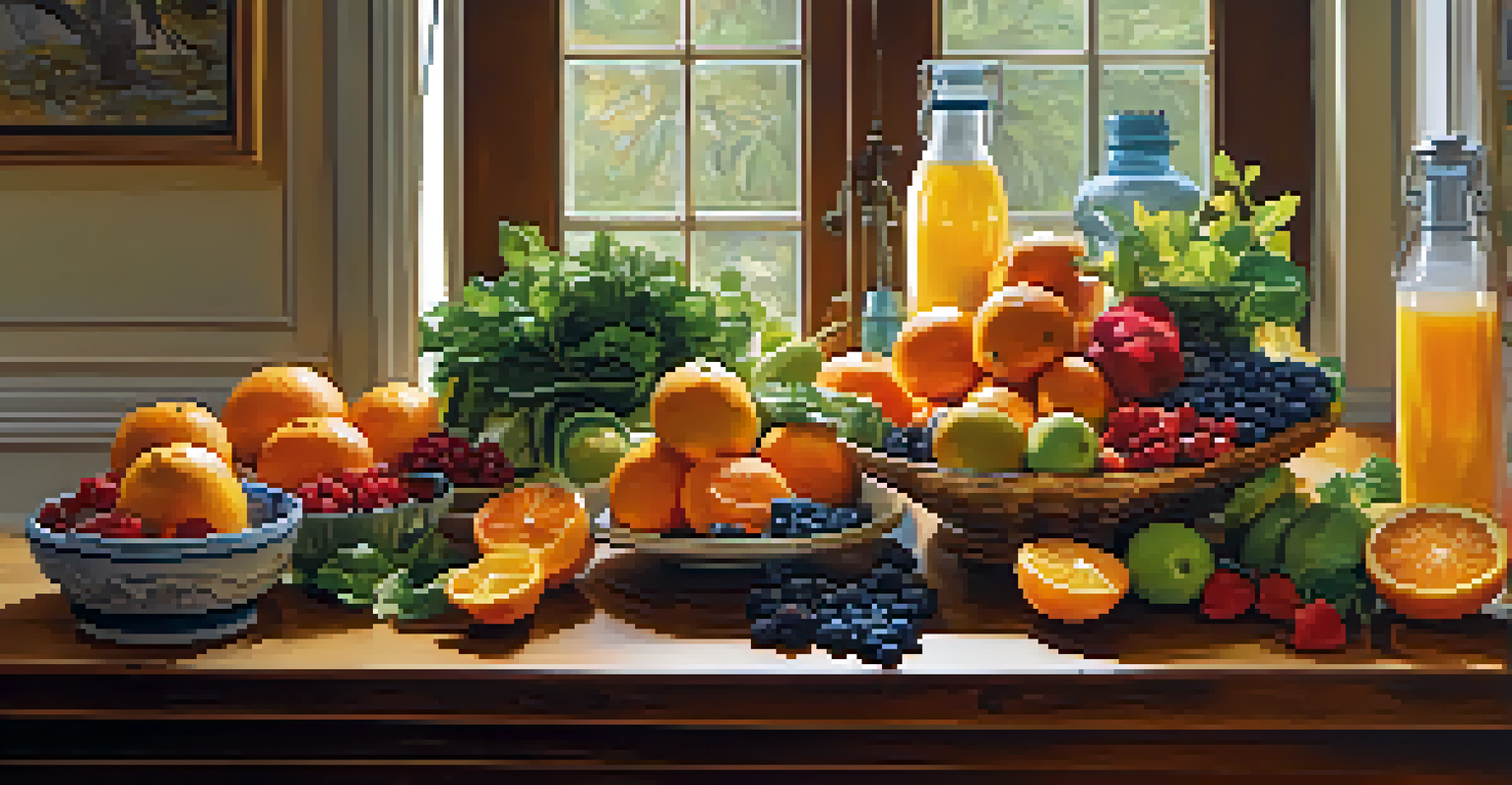 A vibrant display of fruits, vegetables, lean meats, and water arranged on a wooden table, illuminated by sunlight, emphasizing nutrition for bodybuilders.