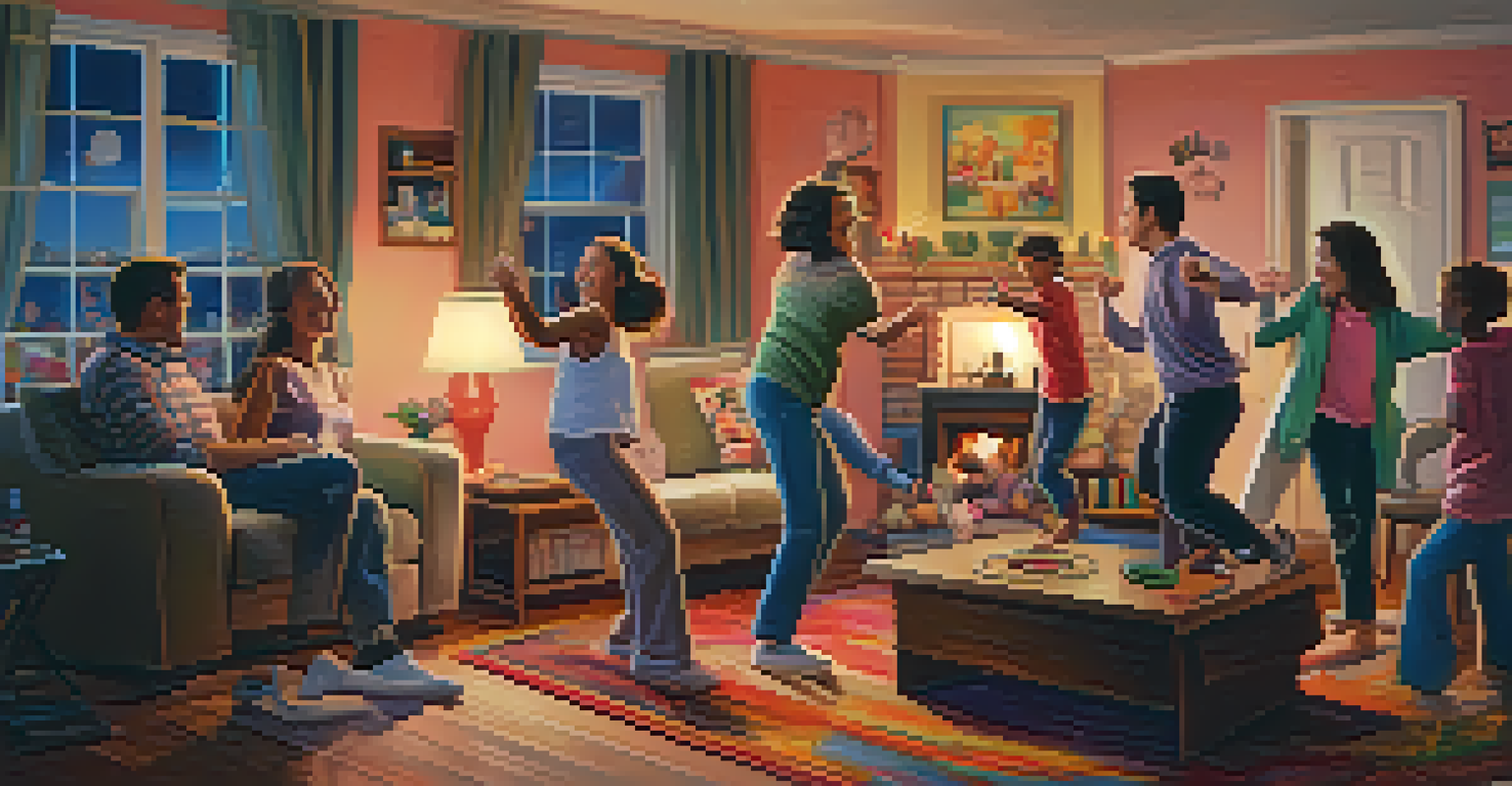 A joyful family dance party in a cozy living room, with family members dancing energetically and colorful lights adding to the fun atmosphere.