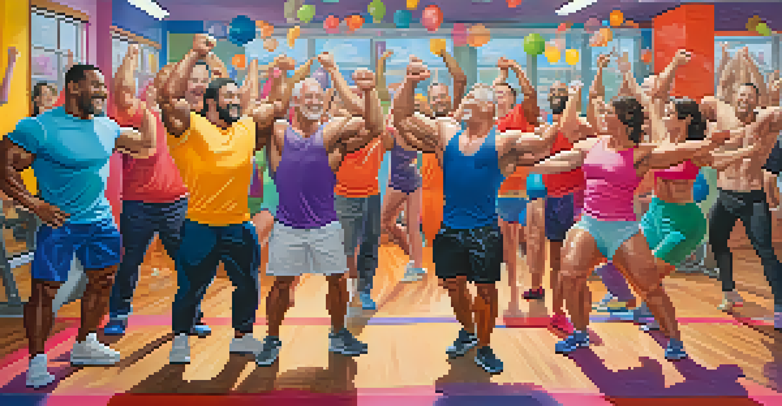 A group of bodybuilders celebrating a friend's recovery milestone in a colorful gym.