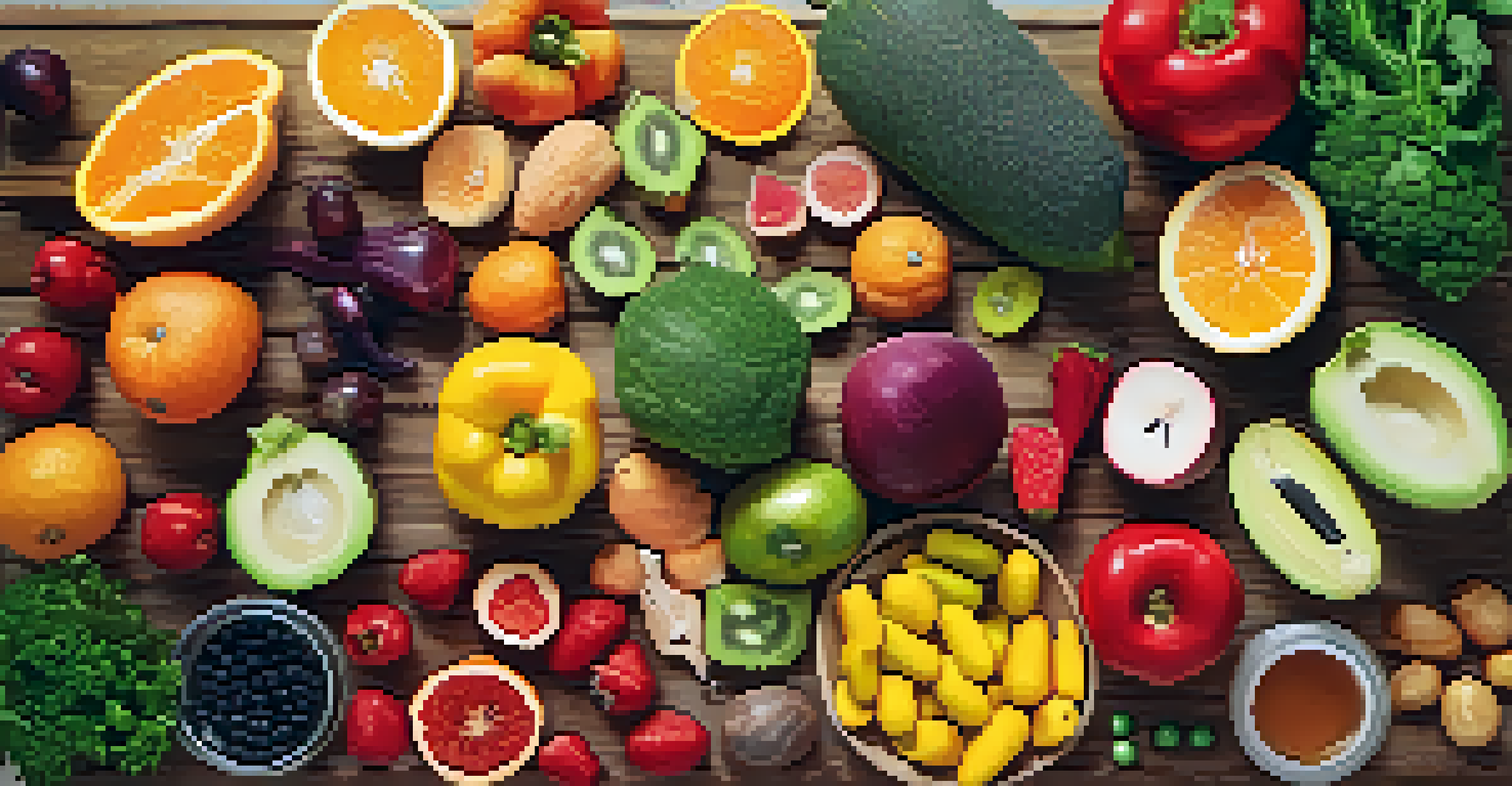 A colorful arrangement of fruits and vegetables with supplements on a wooden table.