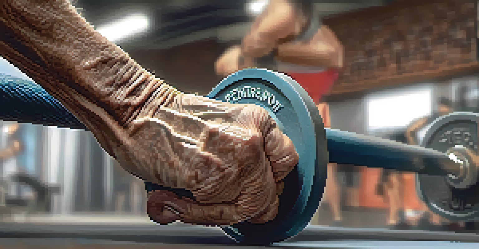 A close-up of an older adult's hand gripping a weight, with a blurred gym background full of motivational quotes.