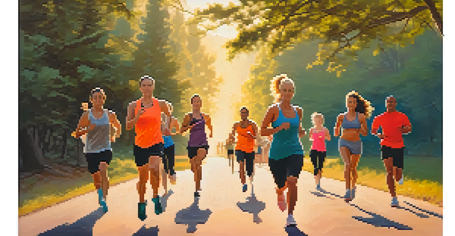 A diverse group of people exercising outdoors at sunrise, including running and yoga, against a colorful sky.