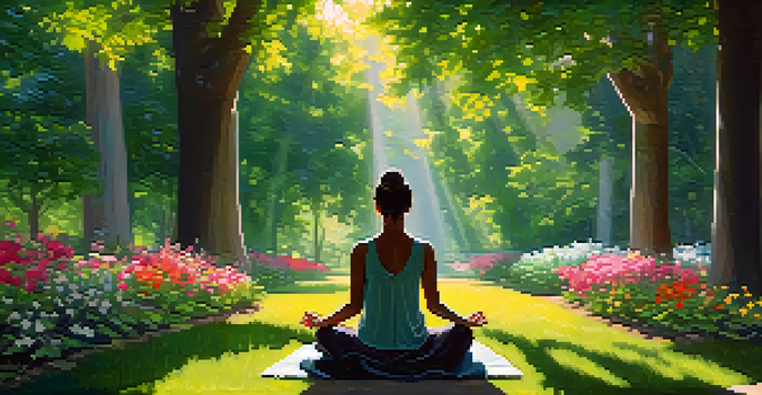 A person meditating peacefully in a green park filled with flowers and trees, with sunlight shining through the leaves.