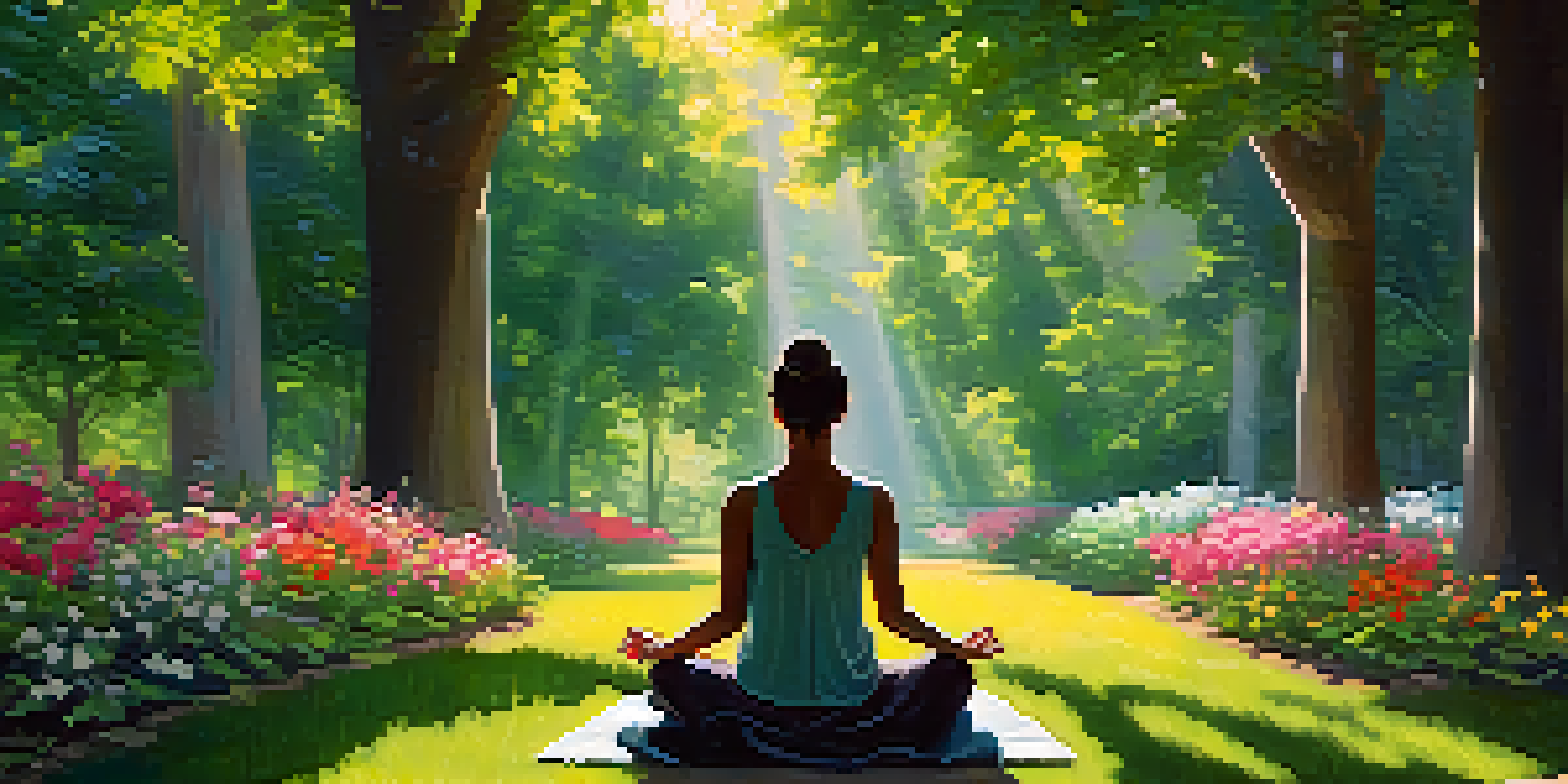 A person meditating peacefully in a green park filled with flowers and trees, with sunlight shining through the leaves.