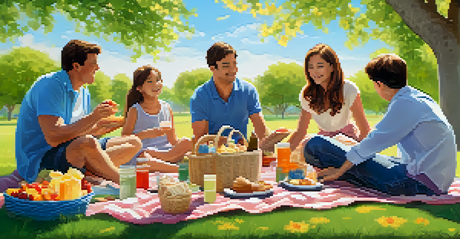 A family enjoying a picnic in a park, with healthy snacks on a blanket and playing frisbee, surrounded by flowers and trees under a blue sky.